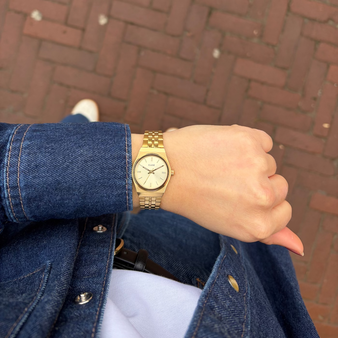 CLUSE Retro 70s Mini Watch Steel, Full Gold Colour CW16302 - Watch on model