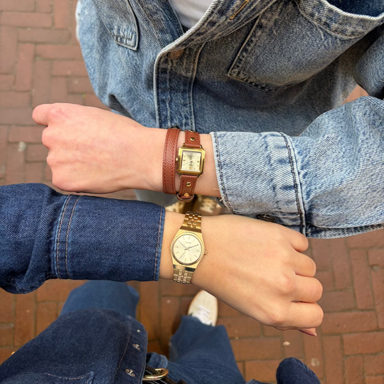 CLUSE Gracieuse Mini Watch Double Leather Nutshell, Studs, Gold Colour CW15507 - Watch on model