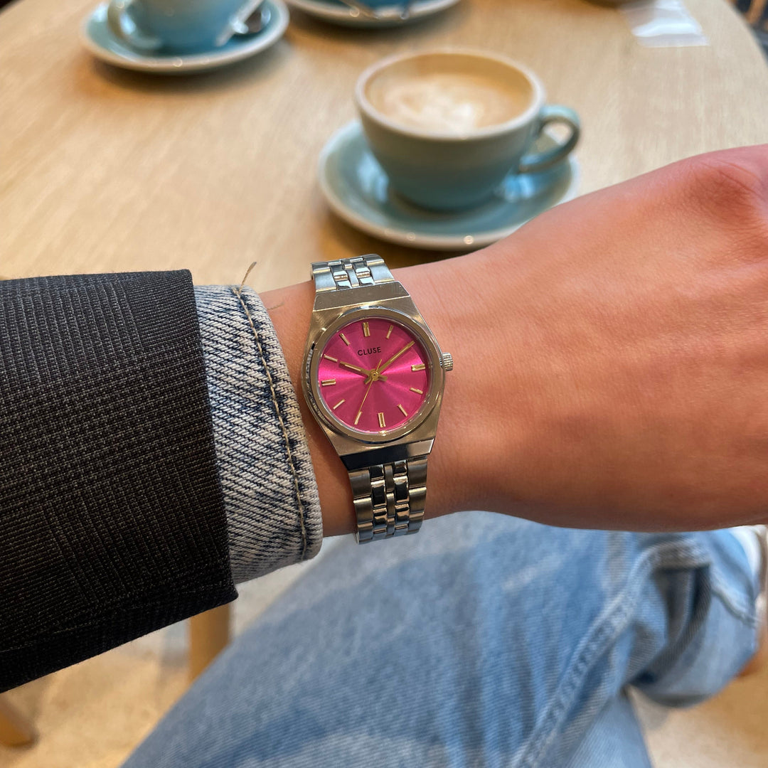 CLUSE Retro 70s Mini Watch Steel, Fuchsia, Silver Colour CW16303 - Watch on model