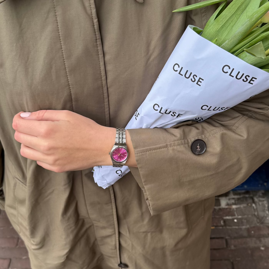 CLUSE Retro 70s Mini Watch Steel, Fuchsia, Silver Colour CW16303 - Watch on model