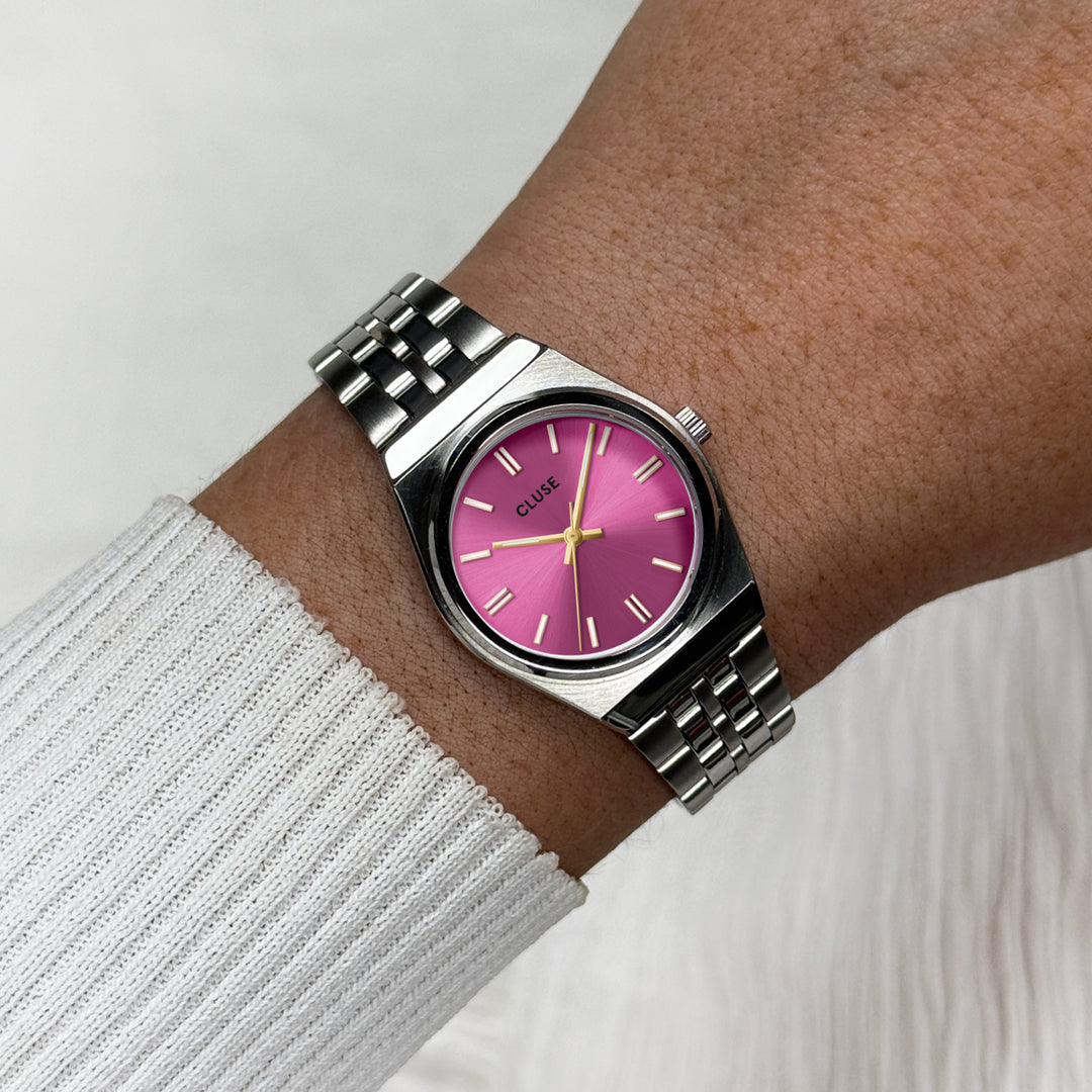 CLUSE Retro 70s Mini Watch Steel, Fuchsia, Silver Colour CW16303 - Watch on wrist