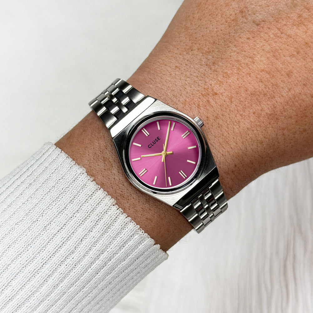 CLUSE Retro 70s Mini Watch Steel, Fuchsia, Silver Colour CW16303 - Watch on wrist