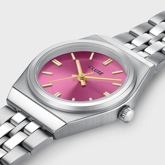 CLUSE Retro 70s Mini Watch Steel, Fuchsia, Silver Colour CW16303 - Watch case details