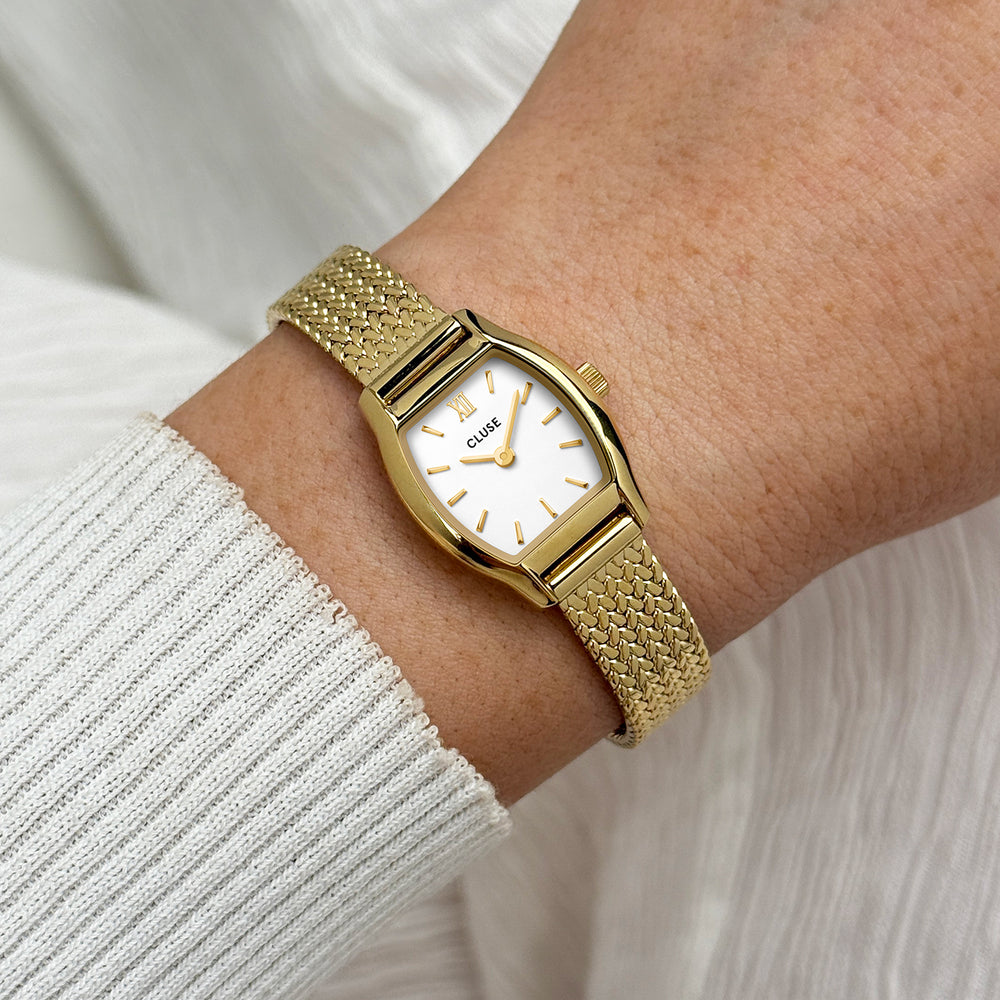 CLUSE Tonnette Mini Watch Mesh, White, Gold Colour CW16501 - Watch on wrist
