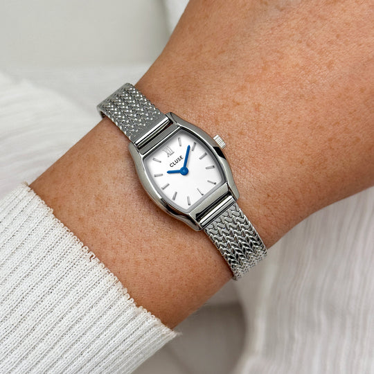CLUSE Tonnette Mini Watch Mesh, White, Silver Colour CW16502 - Watch on wrist