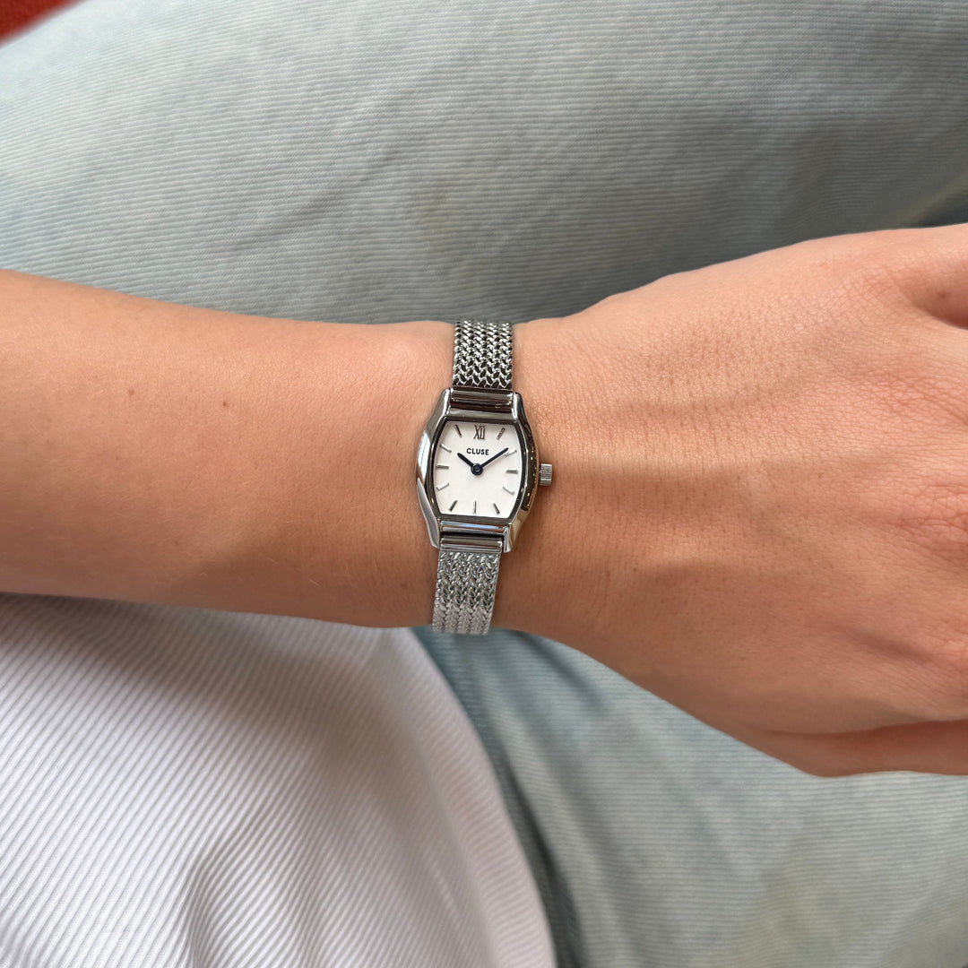 CLUSE Tonnette Mini Watch Mesh, White, Silver Colour CW16502 - Watch on model