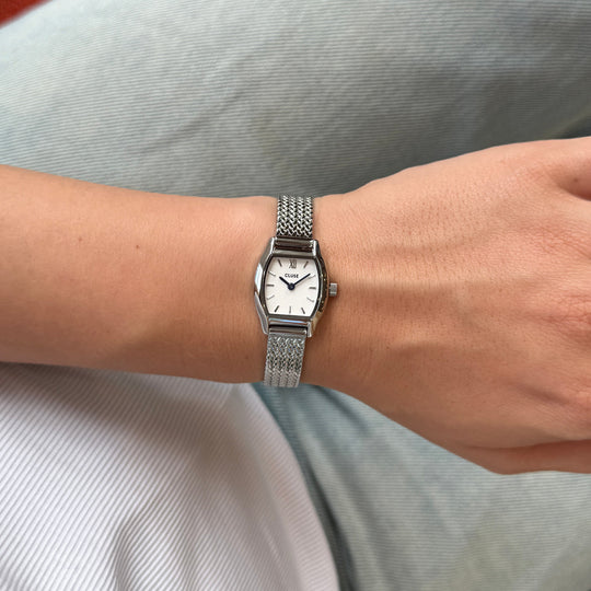 CLUSE Tonnette Mini Watch Mesh, White, Silver Colour CW16502 - Watch on model