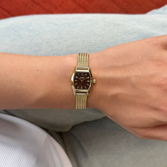 CLUSE Tonnette Mini Watch Mesh, Brown, Gold Colour CW16504 - Watch on model