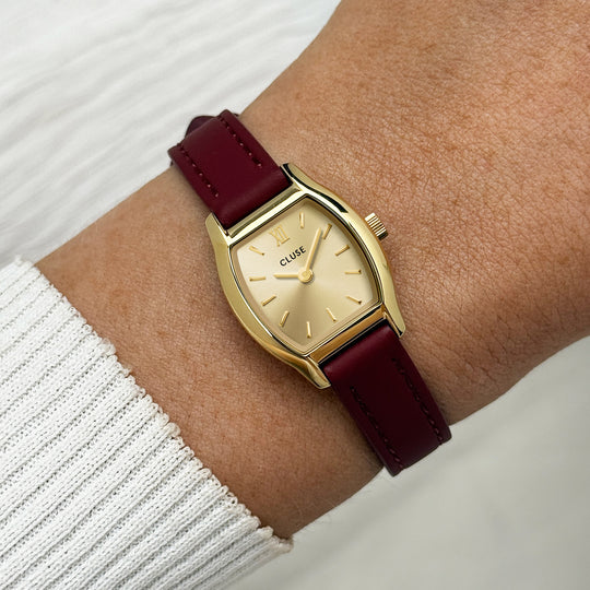 CLUSE Tonnette Mini Watch Leather, Red, Gold Colour CW16505 - Watch on wrist