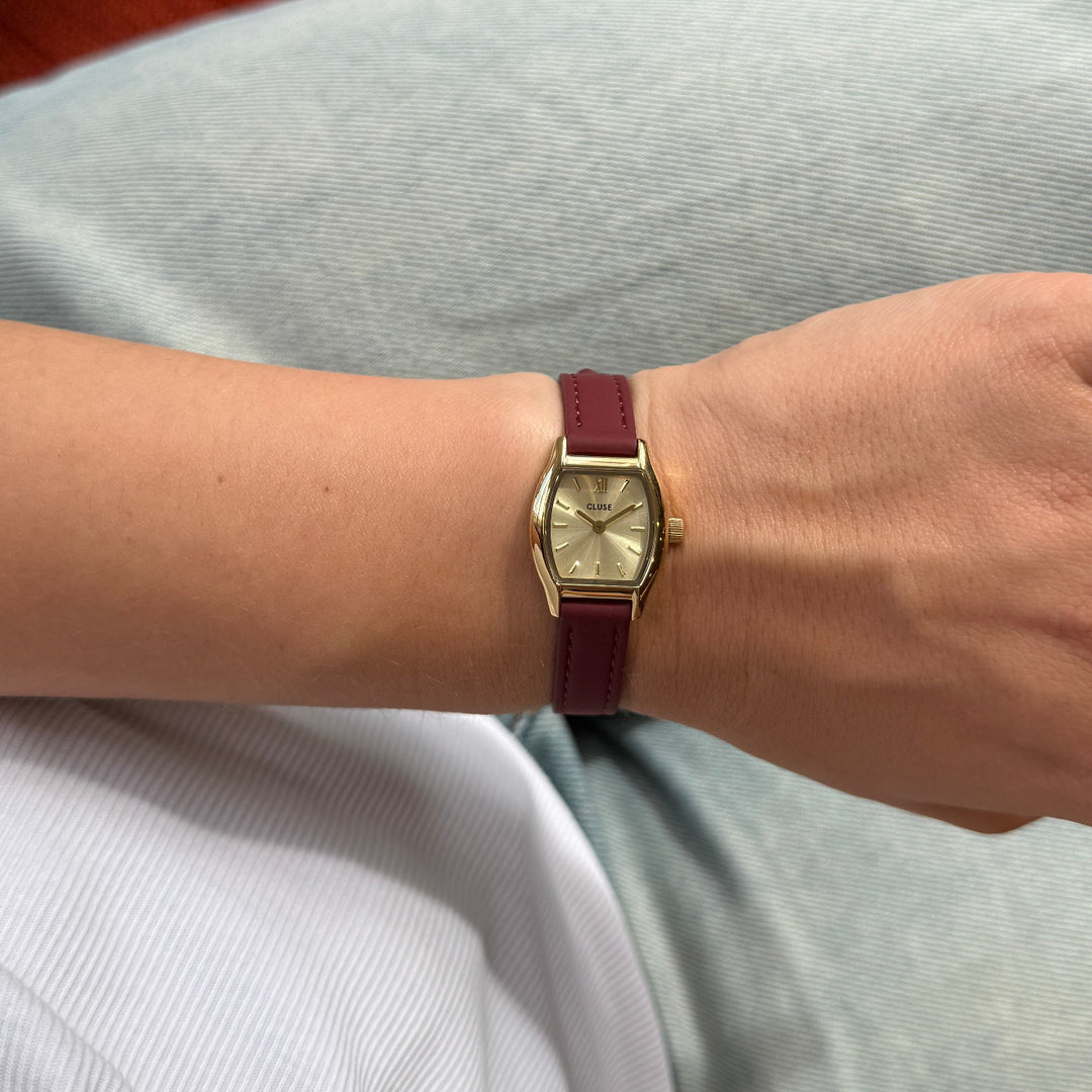 CLUSE Tonnette Mini Watch Leather, Red, Gold Colour CW16505 - Watch on model