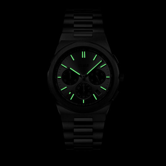 Vigoureux Chrono Steel Silver and Black, Silver Colour CW20807 - watch glow in the dark.