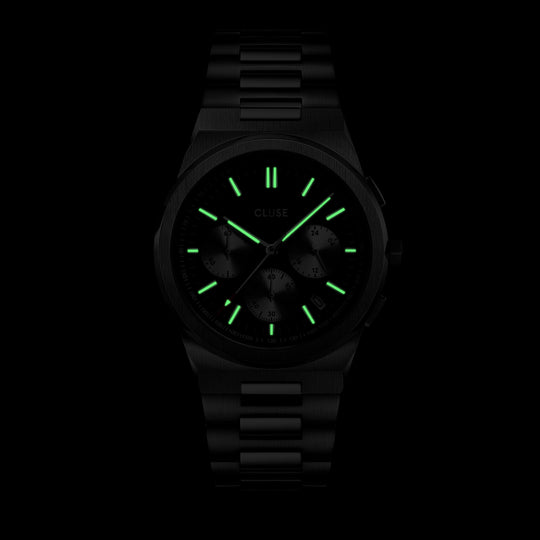 Vigoureux Chrono Steel Black and Silver, Silver Colour CW20806 - watch glow in the dark.