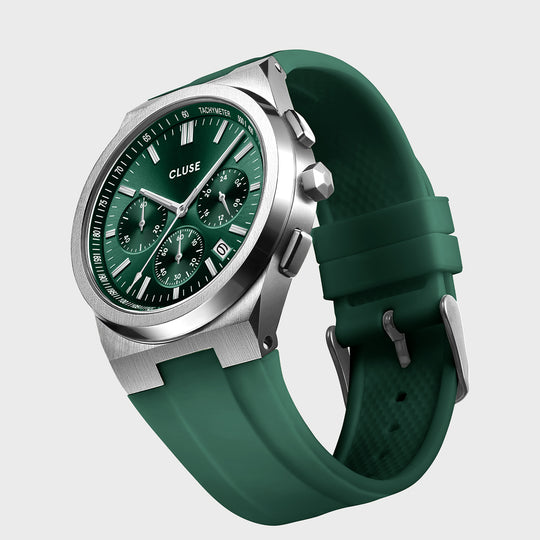 CLUSE Vigoureux Chrono Watch Silicone Green, Silver Colour CW20808 - rotating watch
