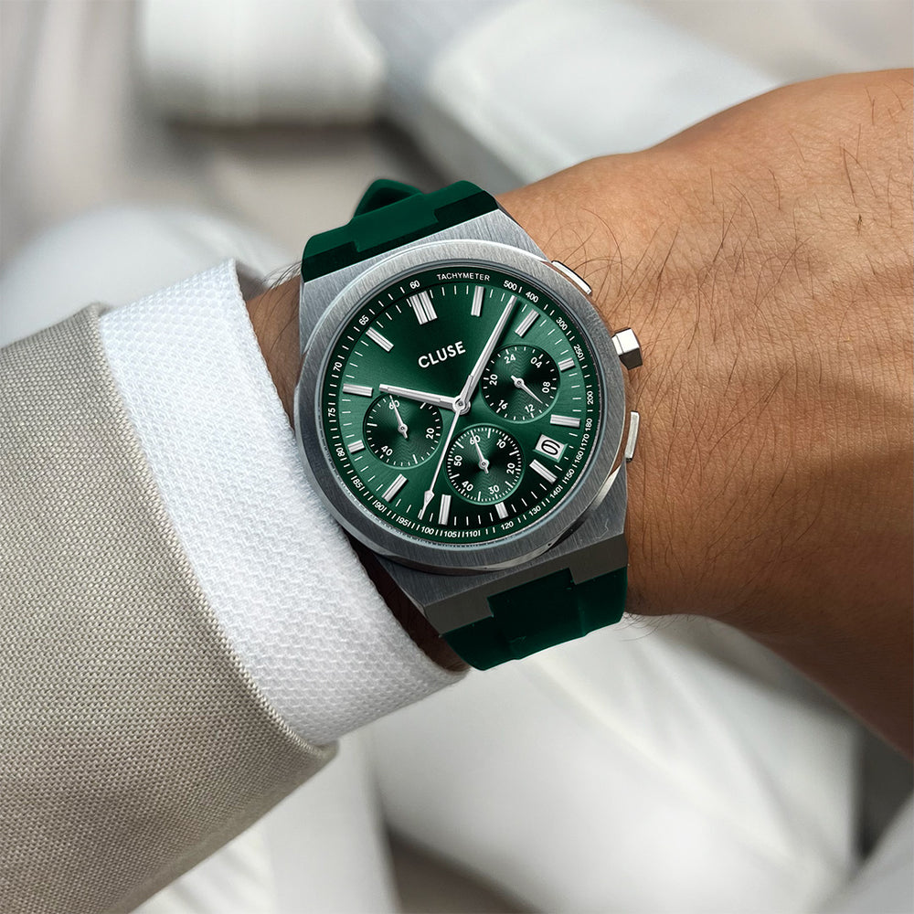 Vigoureux Chrono Watch Silicone Green, Silver Colour CW20808 - wristshot
