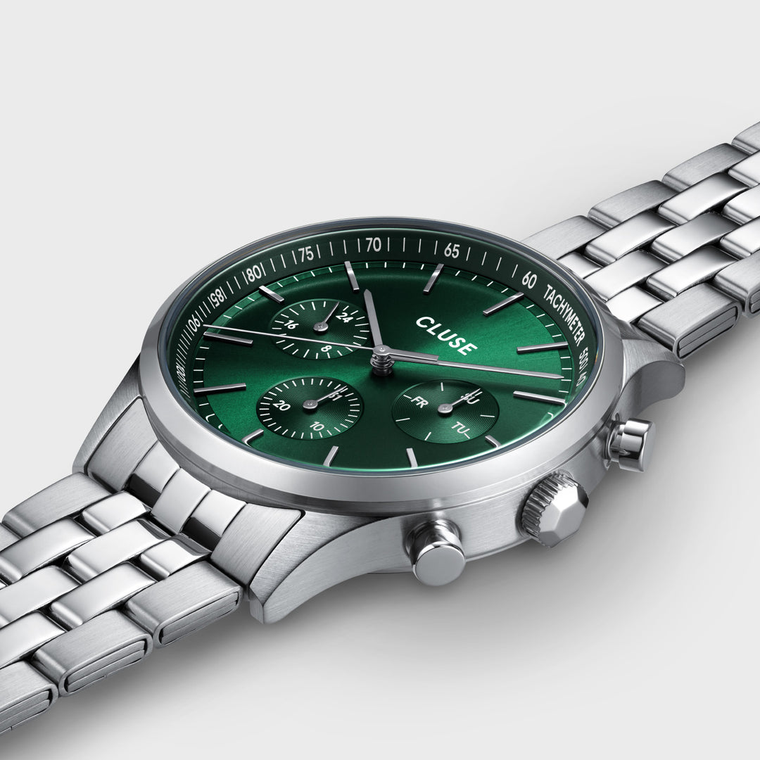 CLUSE Giftbox Anthéor Multifunction Steel Watch Green & Cuban Chain Bracelet CG20906 - detail image