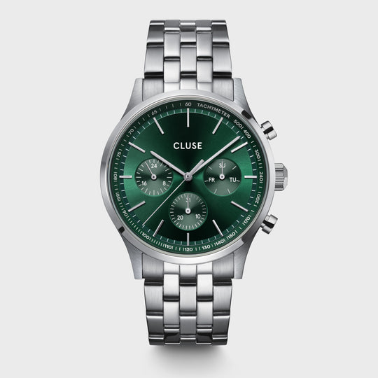 CLUSE Giftbox Anthéor Multifunction Steel Watch Green & Cuban Chain Bracelet CG20906 - front image