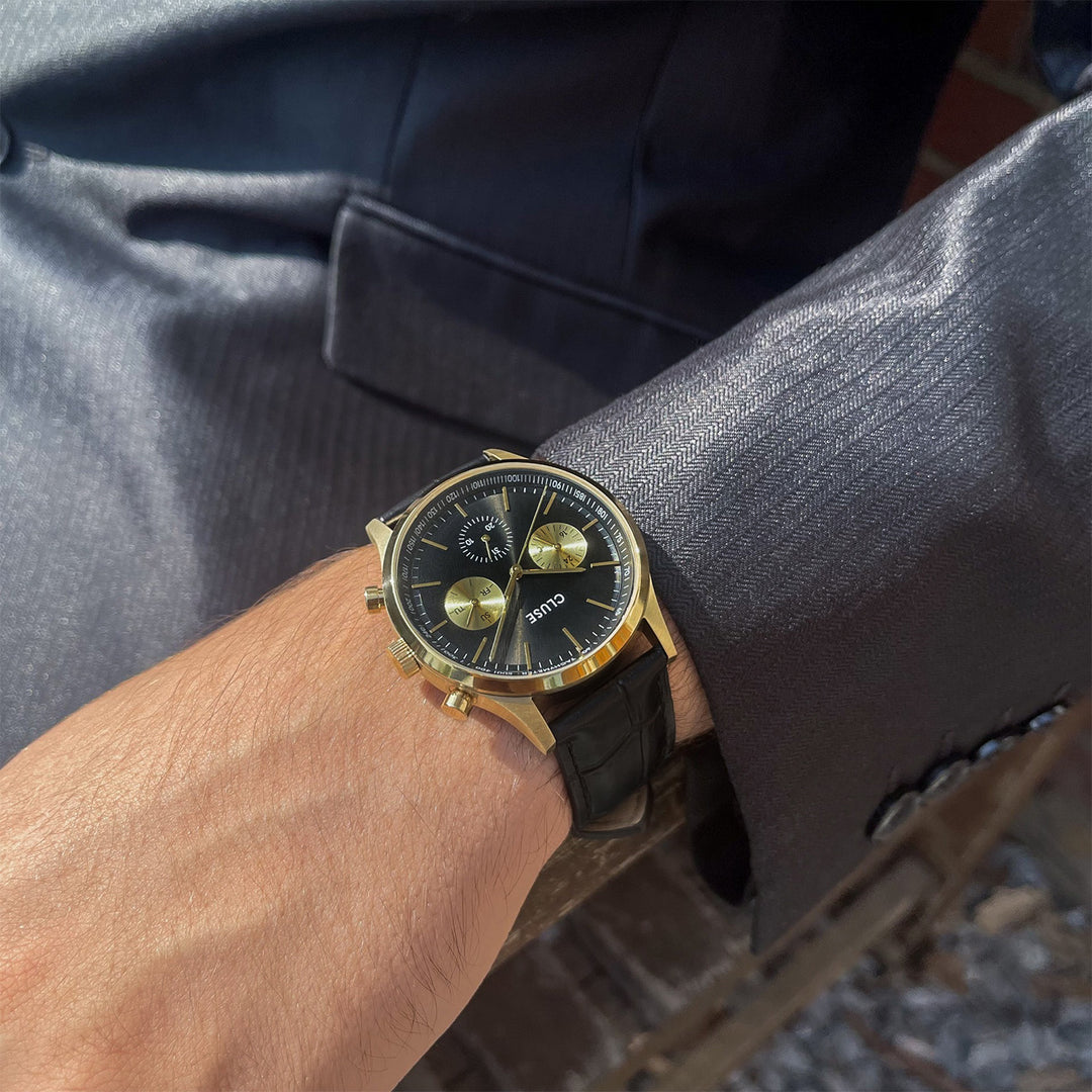 CLUSE Anthéor Multifunction Watch leather, Black, Gold Colour CW21004 - wristshot on a model