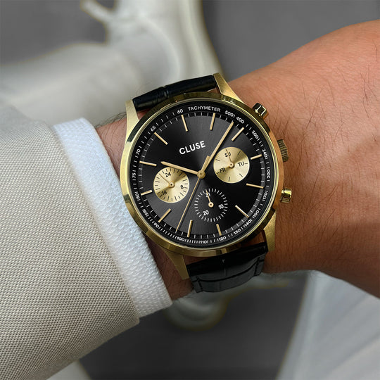 CLUSE Anthéor Multifunction Watch leather, Black, Gold Colour CW21004 - wristshot