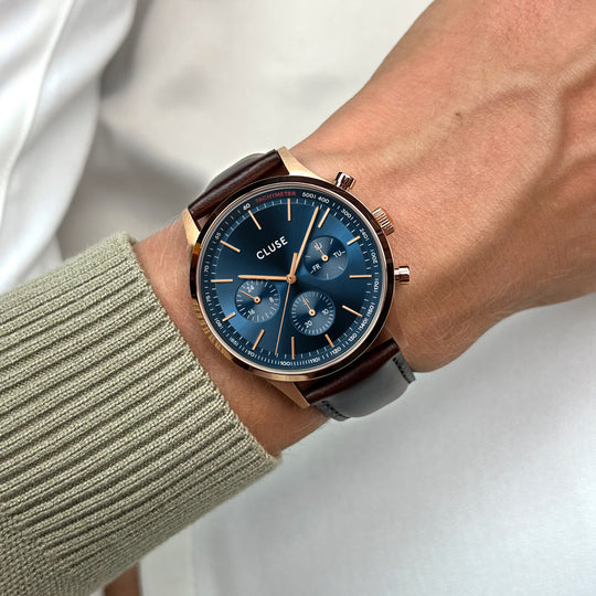 CLUSE  Anthéor Multifunction Watch leather blue, Rosé Colour  CW21009 - wristshot