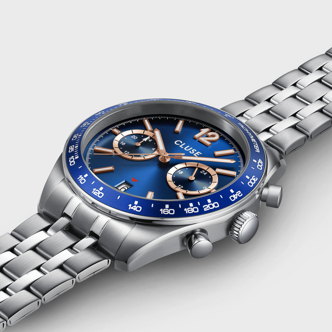 CLUSE Aravis Dual Timer Steel, Blue, Silver Colour CW25601 - Watch case detail