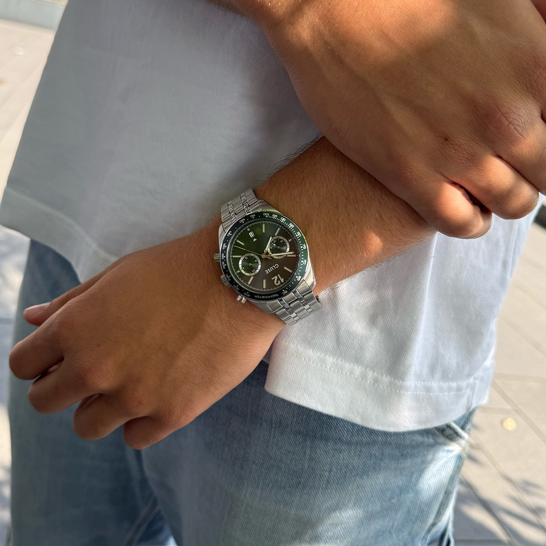 CLUSE Aravis Dual Timer Steel, Green, Silver Colour CW25602 - Watch on influencer