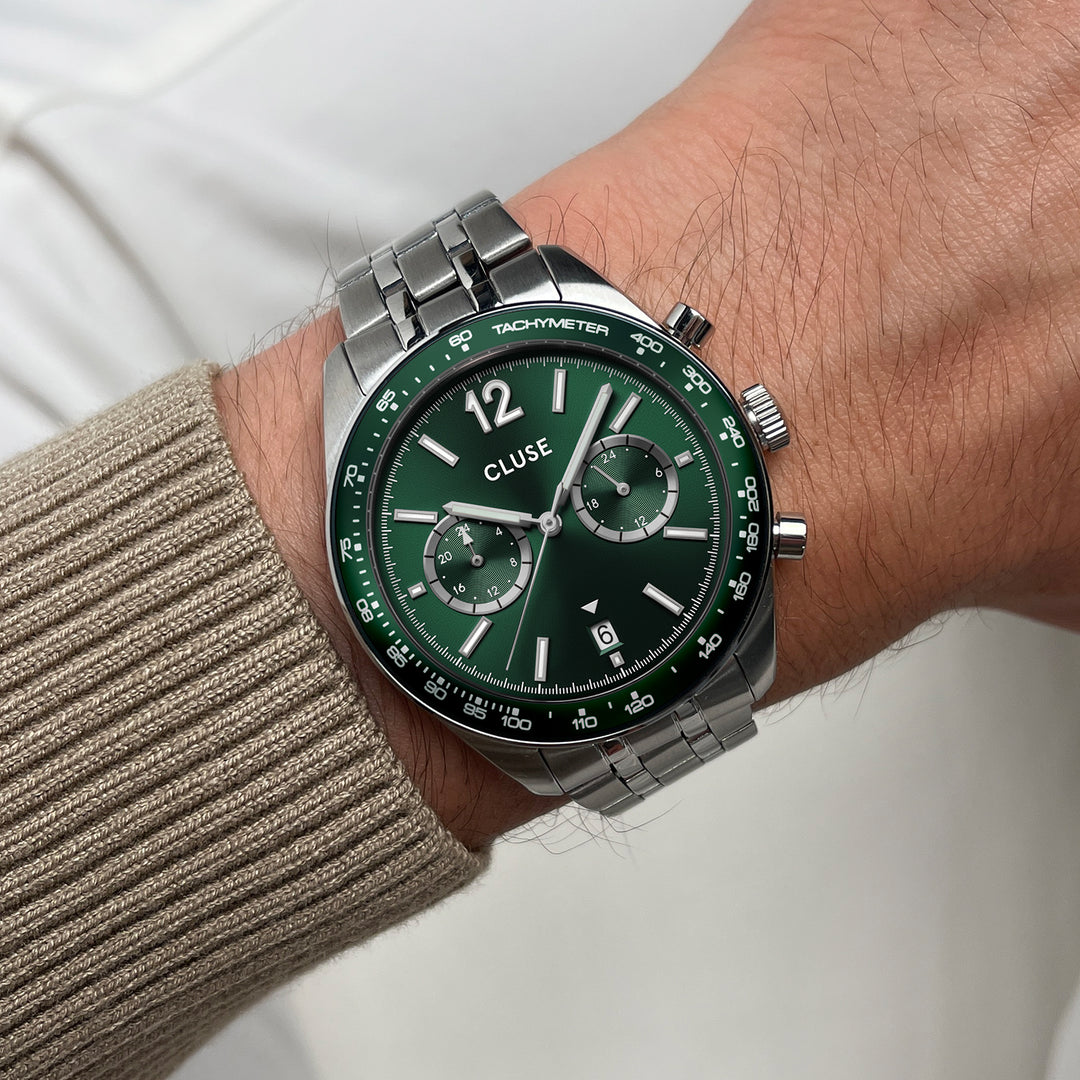 CLUSE Aravis Dual Timer Steel, Green, Silver Colour CW25602 - Watch on wrist