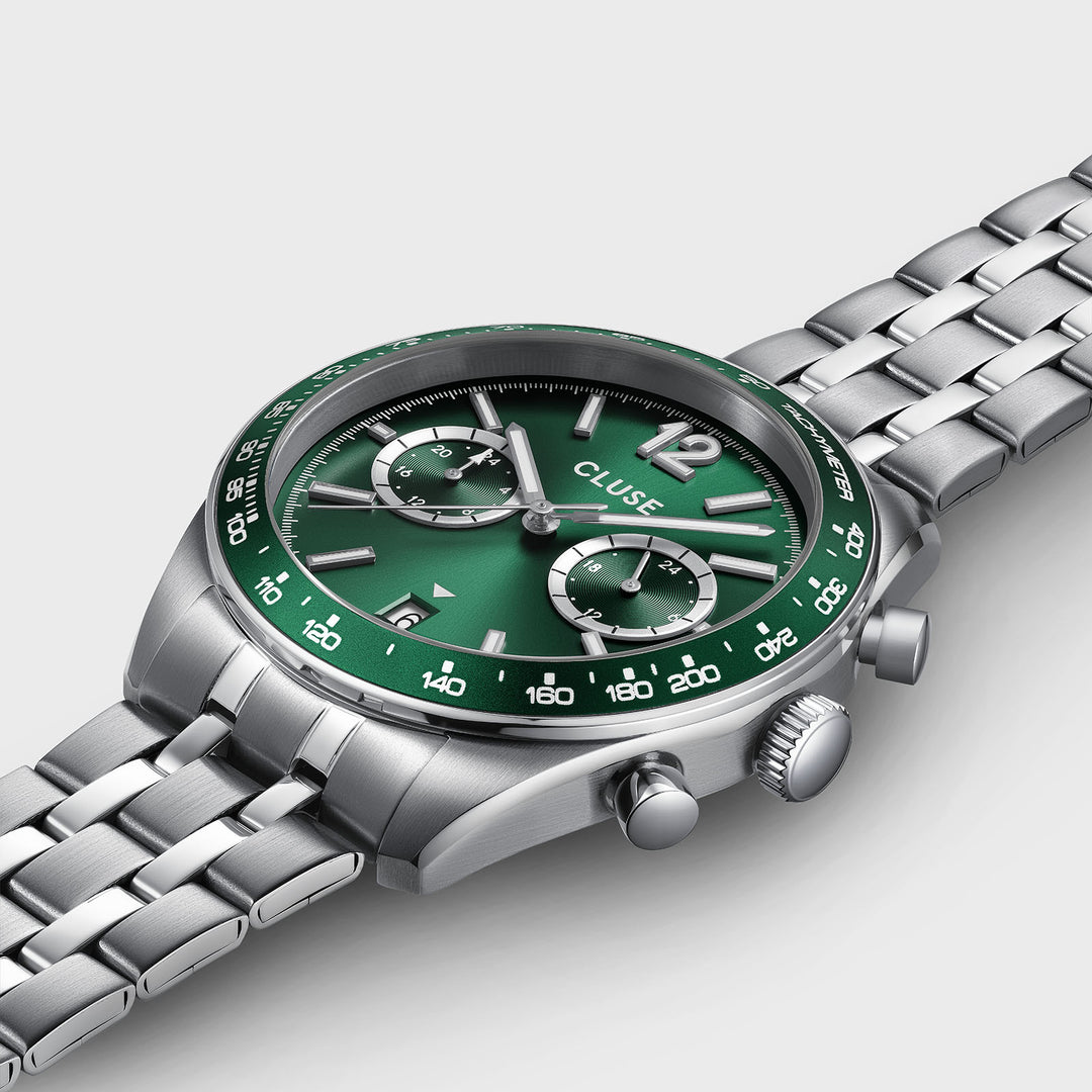 CLUSE Aravis Dual Timer Steel, Green, Silver Colour CW25602 - Watch case detail