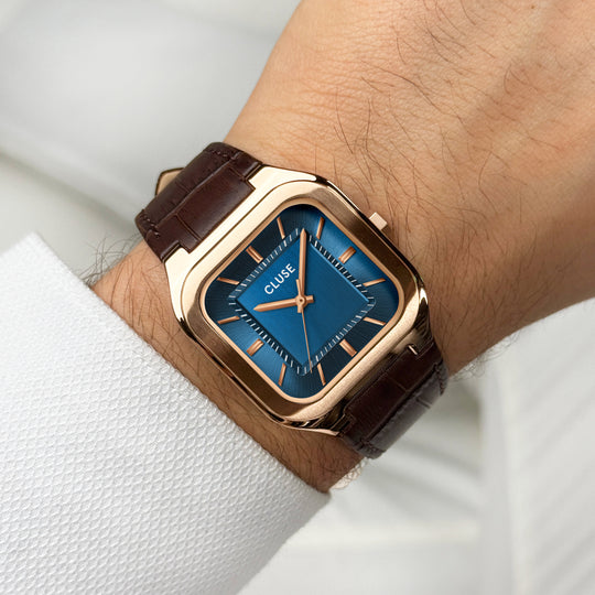CLUSE Quadrus Leather, Blue, Rose Gold Colour CW25705 - Watch on wrist