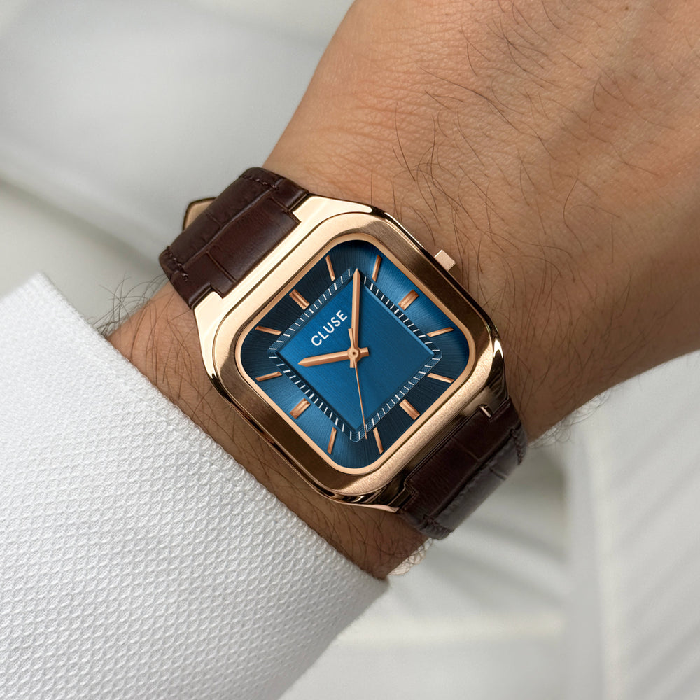 CLUSE Quadrus Leather, Blue, Rose Gold Colour CW25705 - Watch on wrist