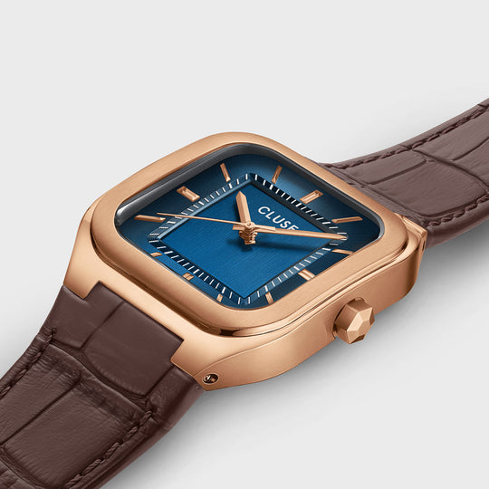 CLUSE Quadrus Leather, Blue, Rose Gold Colour CW25705 - Watch case detail