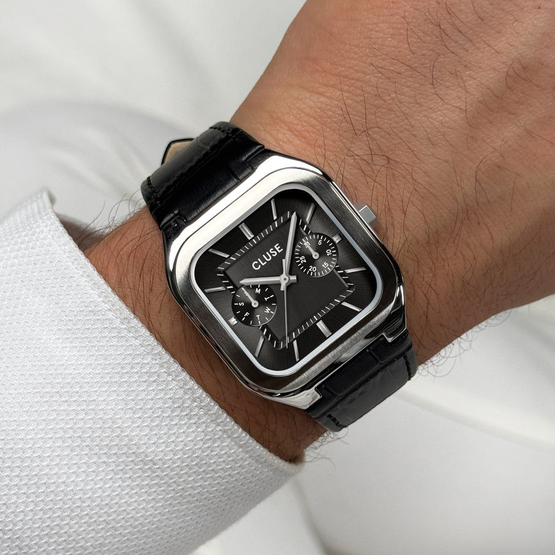 CLUSE Quadrus Multifunction Leather, Black, Silver Colour CW26203 - Watch on wrist