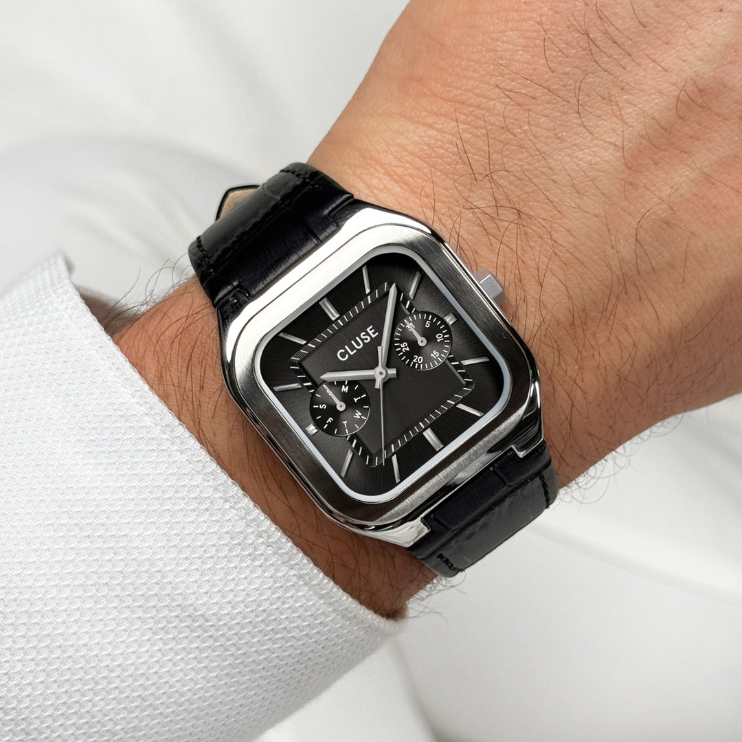 CLUSE Quadrus Multifunction Leather, Black, Silver Colour CW26203 - Watch on wrist