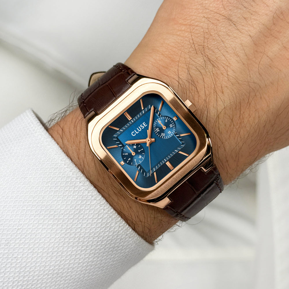 CLUSE Quadrus Multifunction Leather, Blue, Rose Gold Colour CW26204 - Watch on wrist