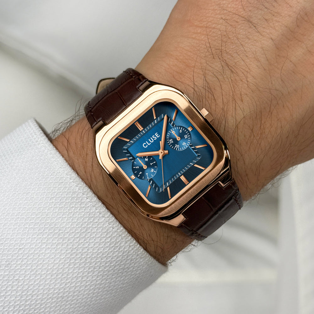 CLUSE Quadrus Multifunction Leather, Blue, Rose Gold Colour CW26204 - Watch on wrist