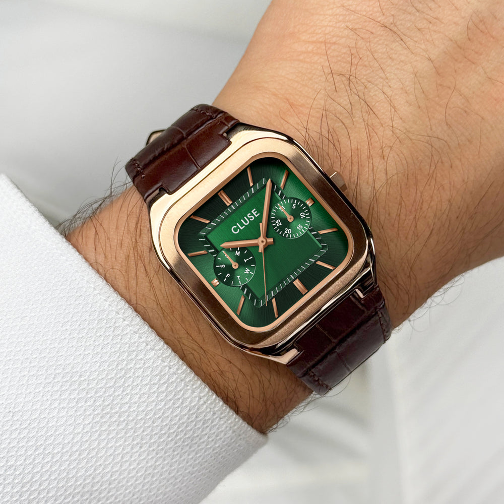 CLUSE Quadrus Multifunction Leather, Green, Rose Gold Colour CW26205 - Watch on wrist