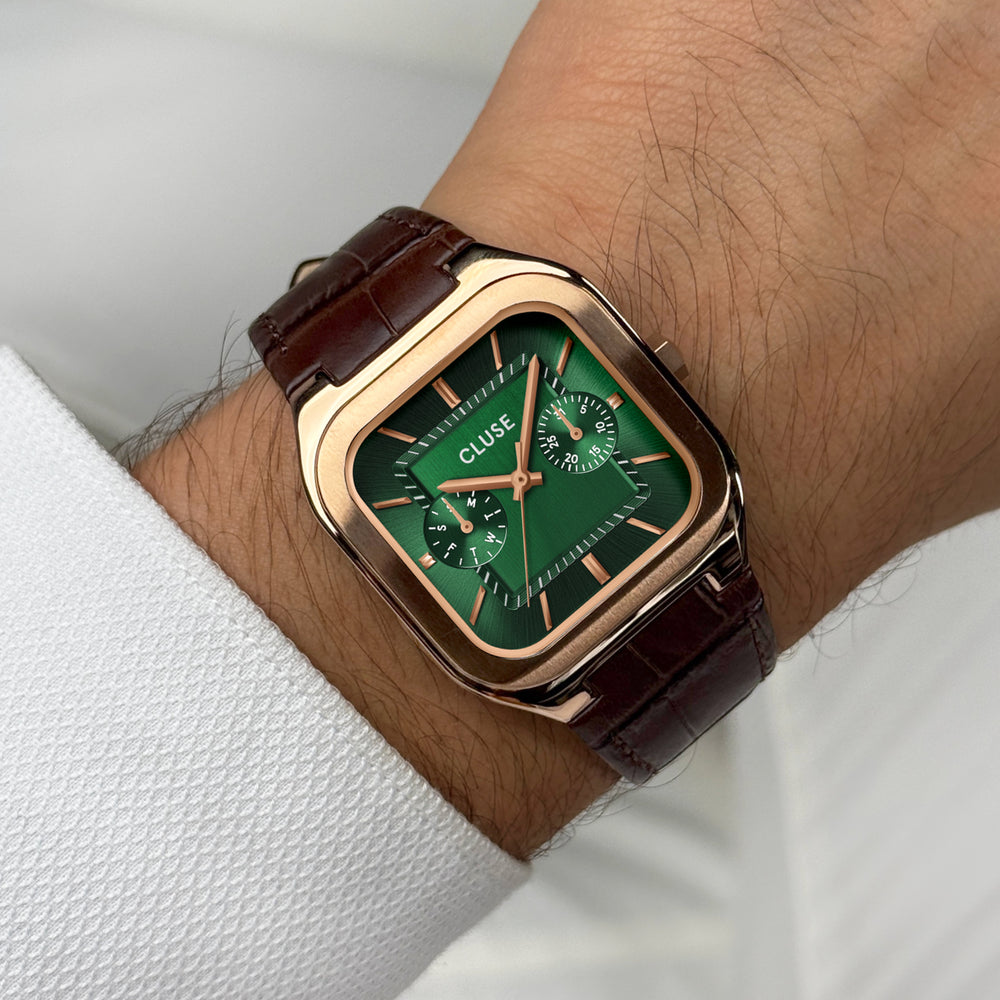 CLUSE Quadrus Multifunction Leather, Green, Rose Gold Colour CW26205 - Watch on wrist