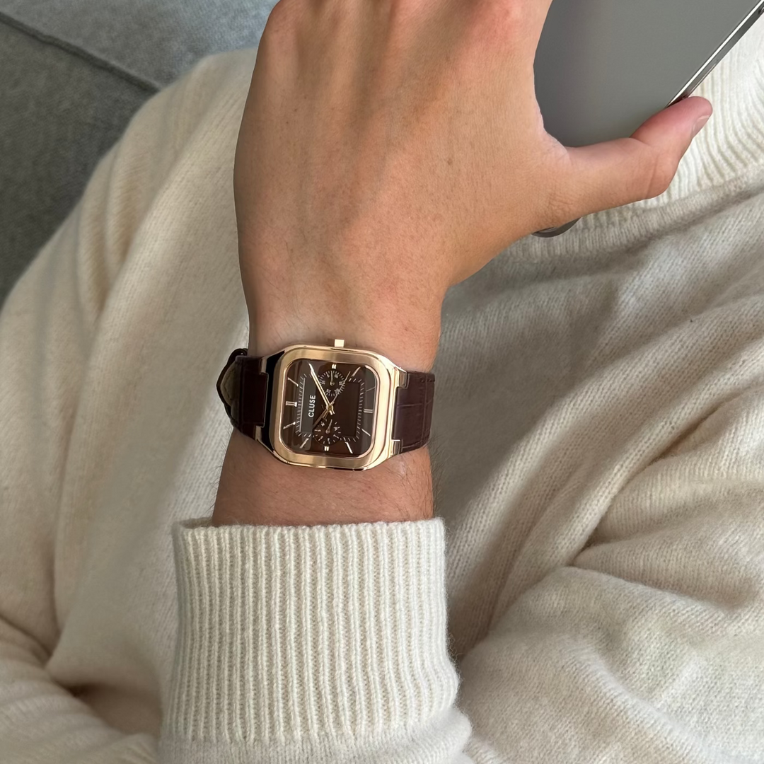 CLUSE Quadrus Multifunction Watch Leather, Brown, Rose Gold Colour CW26206 - Watch on model