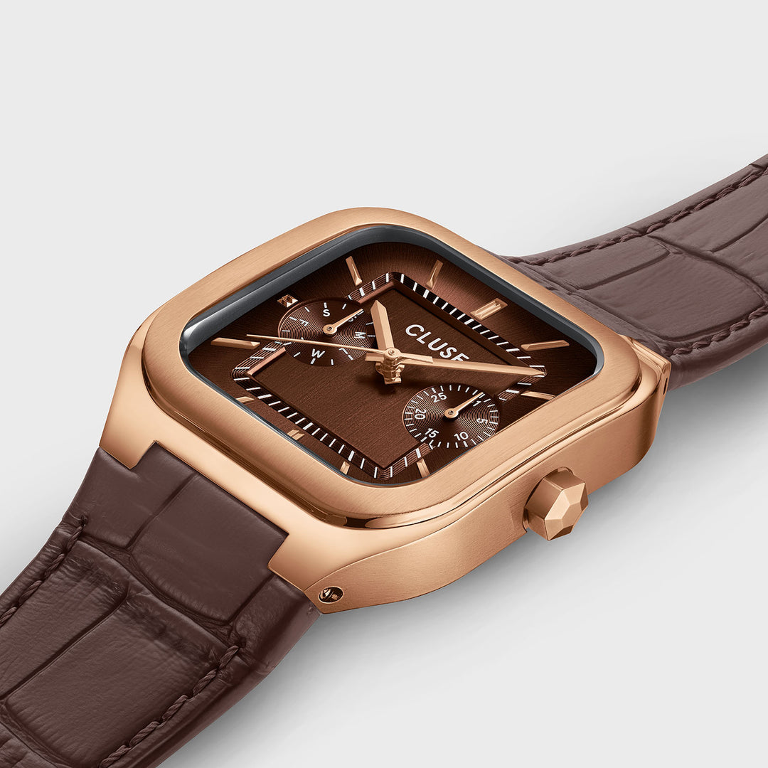 CLUSE Quadrus Multifunction Watch Leather, Brown, Rose Gold Colour CW26206 - Watch case detail