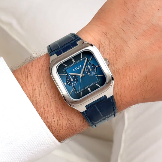 CLUSE Quadrus Multifunction Leather, Blue, Silver Colour CW26207 - Watch on wrist