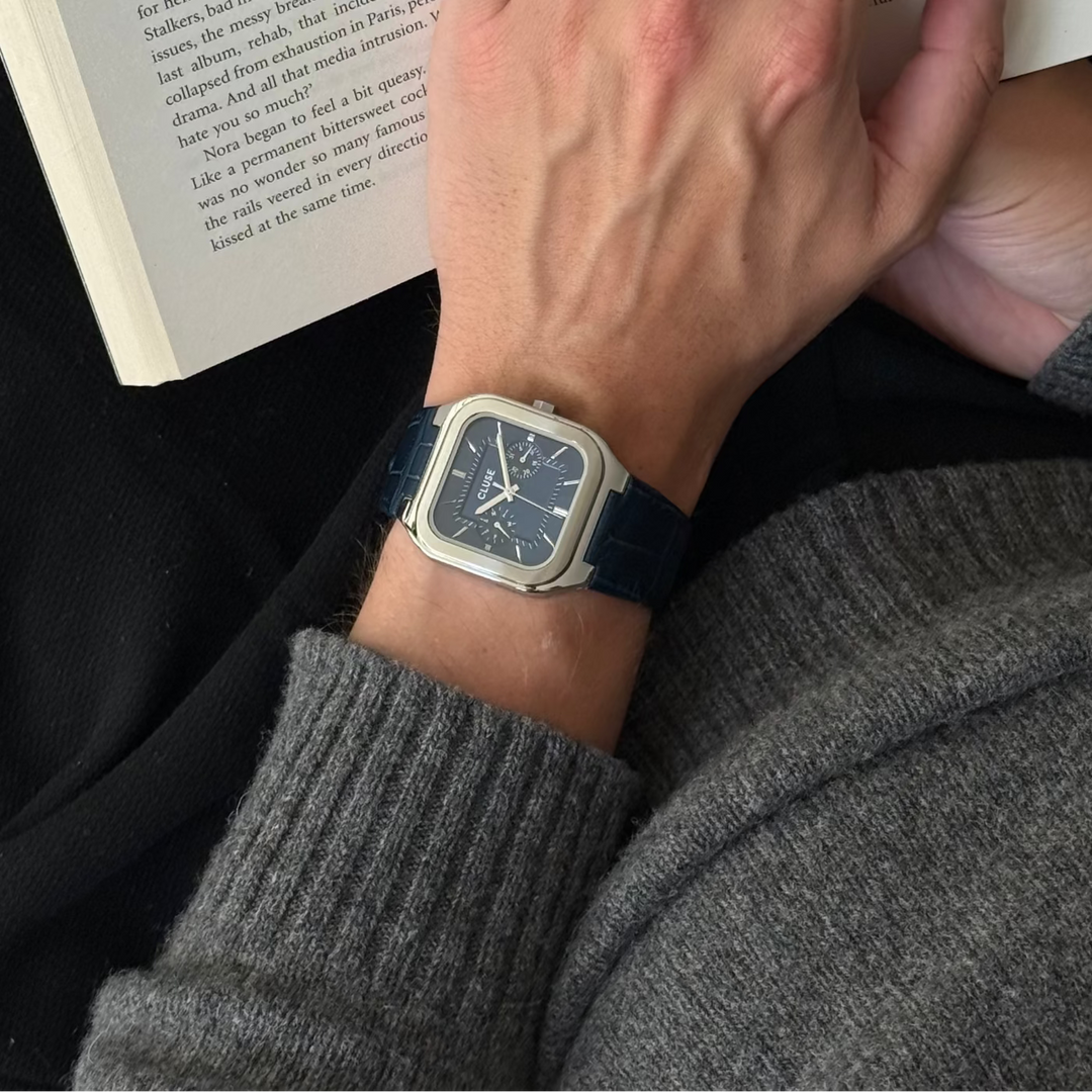 CLUSE Quadrus Multifunction Leather, Blue, Silver Colour CW26207 - Watch on model