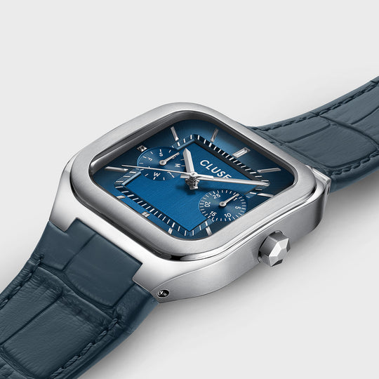 CLUSE Quadrus Multifunction Leather, Blue, Silver Colour CW26207 - Watch case detail