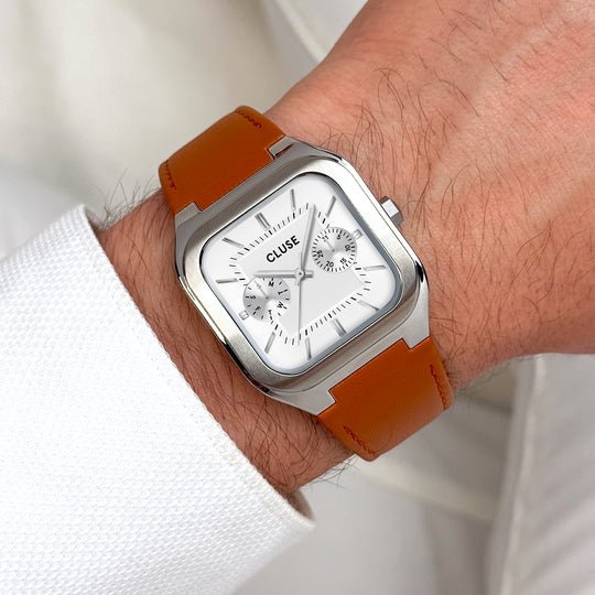 CLUSE Quadrus Multifunction Leather, Light Brown, Silver Colour CW26208 - Watch on wrist