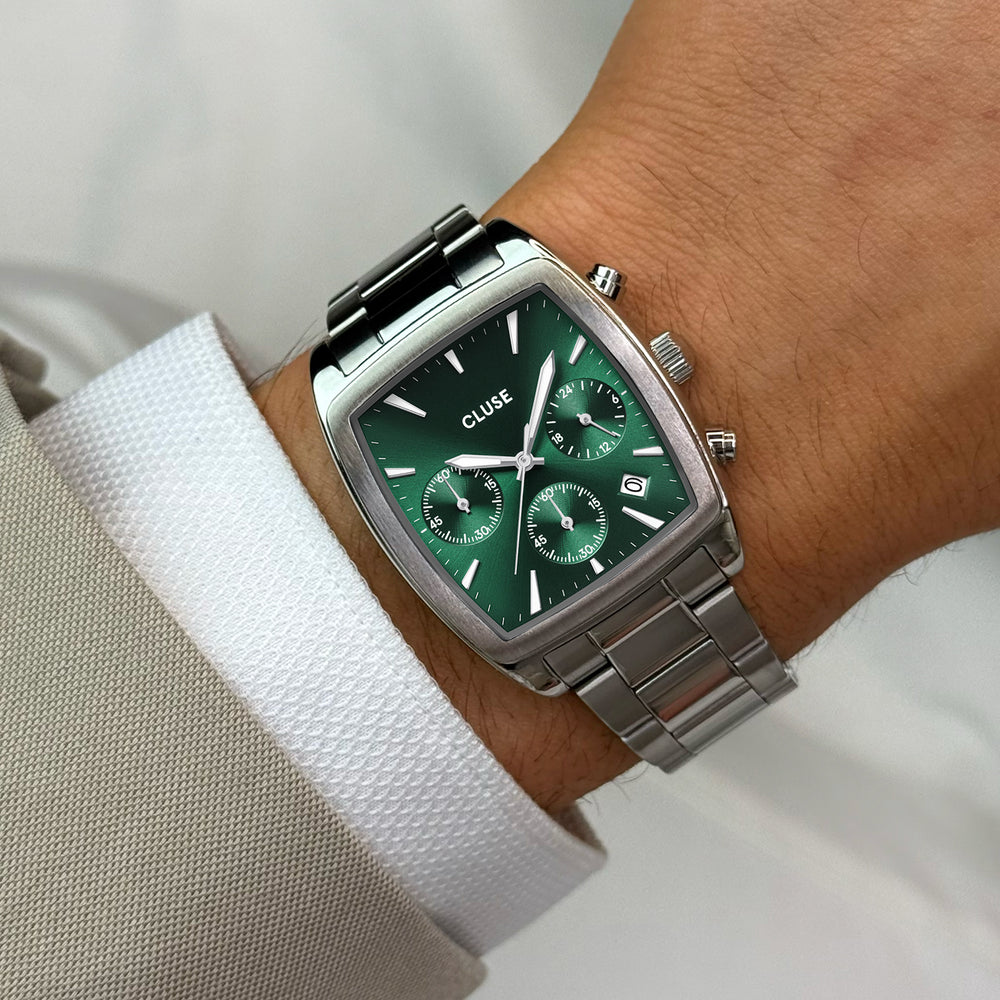 CLUSE Quartaut Chrono Watch Steel, Green, Silver Colour CW52002 - wristshot.