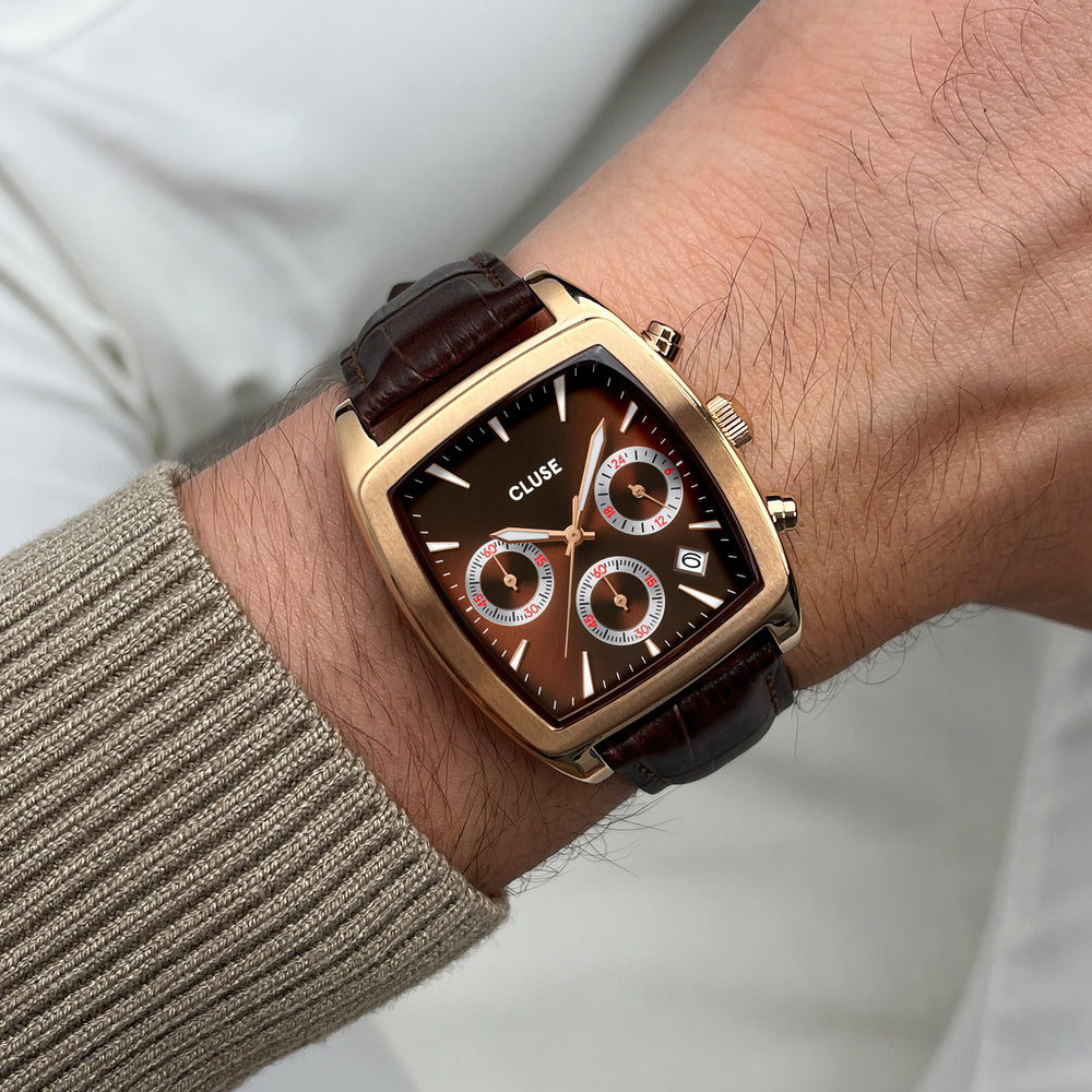 Quartaut Chrono Watch leather, Brown, Rose gold Colour CW52006 - Watch on wrist