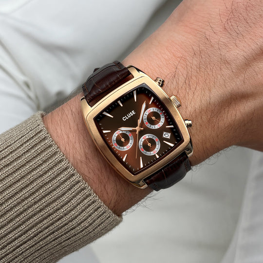 Quartaut Chrono Watch leather, Brown, Rose gold Colour CW52006 - Watch on wrist