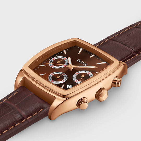 Quartaut Chrono Watch leather, Brown, Rose gold Colour CW52006 - Watch case detail