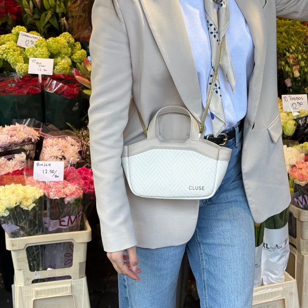 CLUSE Tote Bag Micro, Textured Beige, Sand Colour CX16003 - Tote Bag on model