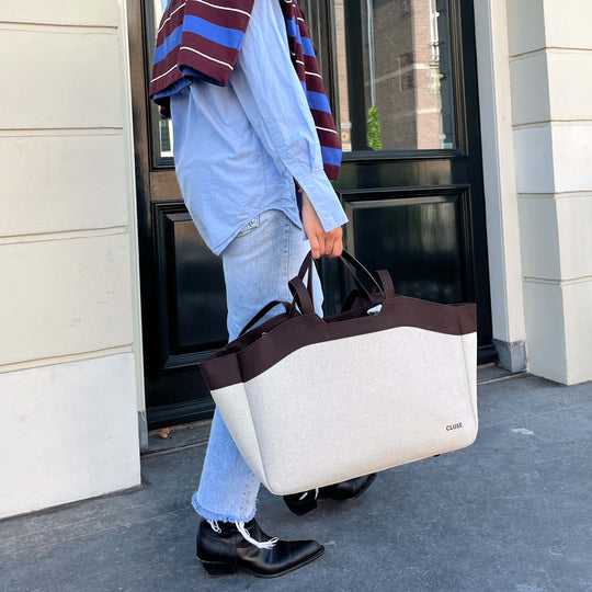 CLUSE Tote Bag, Beige, Dark Brown Colour CX15404 - Bag worn by model