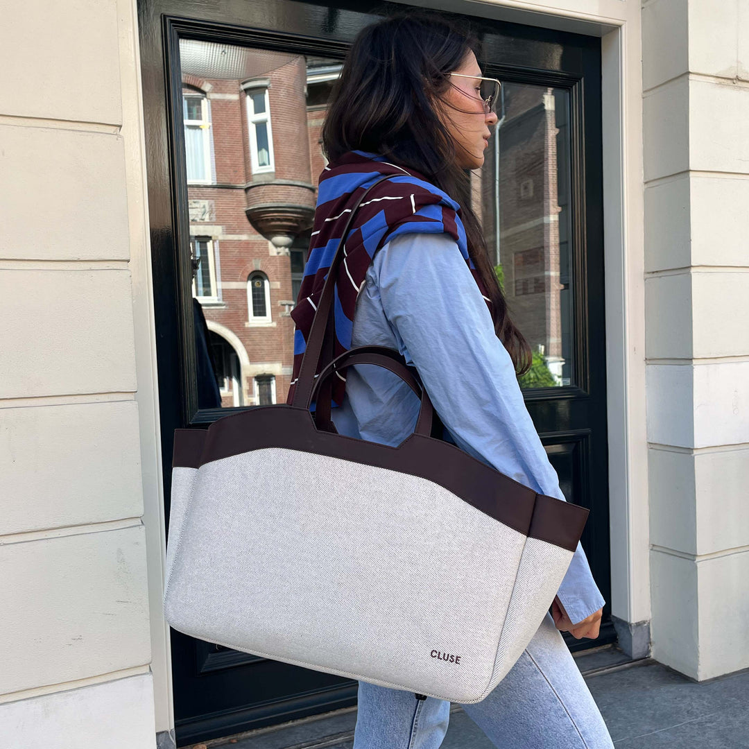 CLUSE Tote Bag, Beige, Dark Brown Colour CX15404 - Bag worn by model