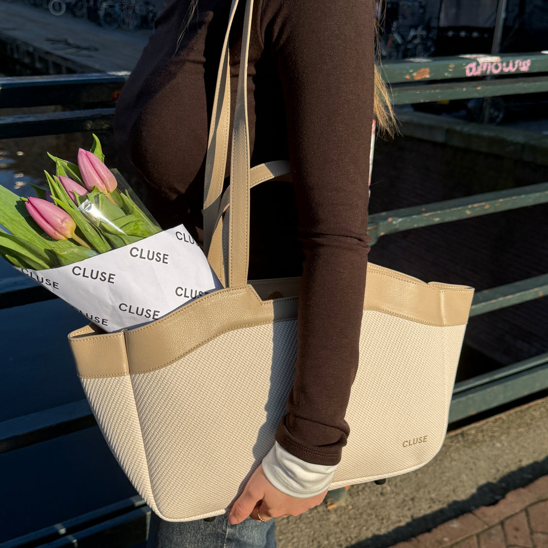 CLUSE Tote Bag Petite, Textured Beige, Sand Colour CX15805 - Tote bag on model